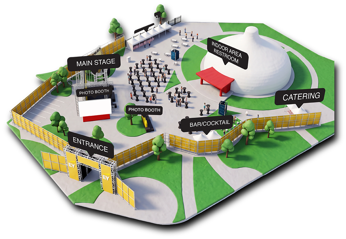 Isometric map of the event venue showing the main stage, photo booths, entrance, bar, catering and VIP area